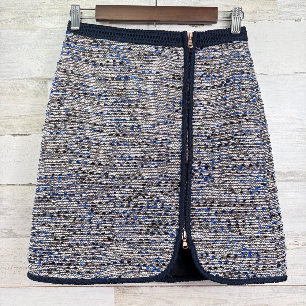 J.Crew Tweed Mini Skirt Size 0 Blue Excellent Front Zip Preppy Old Money Preppy